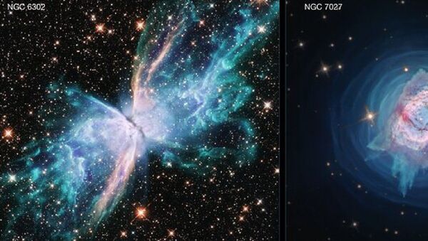The NASA/ESA Hubble Space Telescope demonstrates its full range of imaging capabilities with two new images of planetary nebulae. The images depict two nearby young planetary nebulae, NGC 6302, dubbed the Butterfly Nebula, and NGC 7027. Both are among the dustiest planetary nebulae known and both contain unusually large masses of gas, which made them an interesting pair for study in parallel by a team of researchers. - Sputnik International