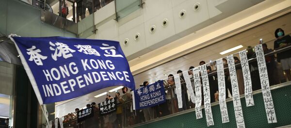 A pro-democracy protester waves a pro-independence banner during a protest at the New Town Plaza mall in Sha Tin in Hong Kong, China June 12, 2020 A pro-democracy protester waves a pro-independence banner during a protest at the New Town Plaza mall in Sha Tin in Hong Kong, China June 12, 2020 - Sputnik International