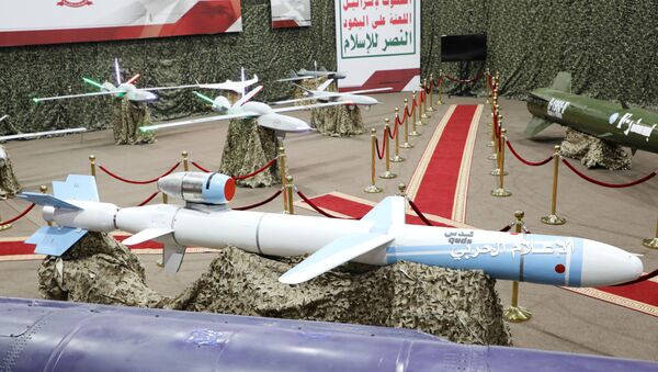 Missiles and drone aircrafts are put on display at an exhibition at an unidentified location in Yemen in this undated handout photo released by the Houthi Media Office July 9, 2019. - Sputnik International