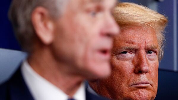 U.S. President Donald Trump listens as White House Director of Trade and Marketing Policy Peter Navarro addresses the daily coronavirus response briefing at the White House in Washington, U.S., April 2, 2020. - Sputnik International
