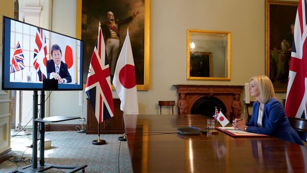 Britain's Secretary of State of International Trade and Minister for Women and Equalities Liz Truss attends a joint videoconference with Japan's Minister for Foreign Affairs Toshimitsu Motegi at the Department for International Trade, in London, Britain, June 9, 2020 - Sputnik International
