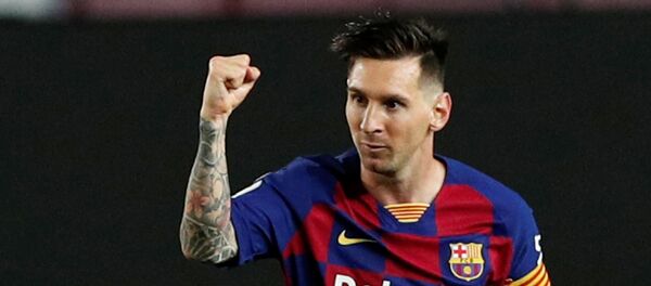 June 30, 2020  Barcelona's Lionel Messi celebrates scoring their second goal, as play resumes behind closed doors following the outbreak of the coronavirus disease (COVID-19)   - Sputnik International