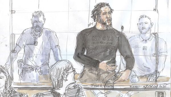 A file court sketch made on 25 June 2020 at the Paris courthouse shows French jihadist also called the Daesh emir Tyler Vilus speaking during the opening of his trial at the special assizes of the Paris' courthouse, on the crimes committed in Syria between 2013 and 2015. - Sputnik International
