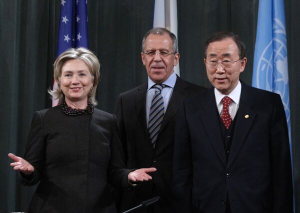 Russian Foreign Minister Sergey Lavrov, U.S. Secretary of State Hillary Clinton, UN General Secretary Ban Ki-moon - Sputnik International