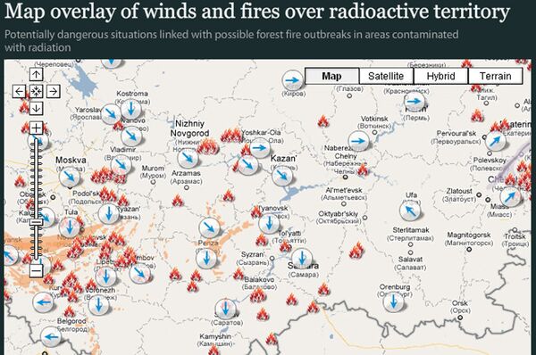 Map overlay of winds and fires over radioactive territory - Sputnik International