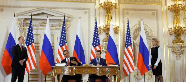 Dmitry Medvedev and Barack Obama signing the START treaty on April 8, 2010. Dmitry Medvedev and Barack Obama signing the START treaty on April 8, 2010. - Sputnik International