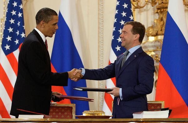 U.S. President Barack Obama and Russian President Dmitry Medvedev signed the treaty in the Czech capital Prague last April. - Sputnik International