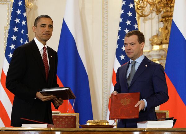 The signing of the New START treaty in Prague, the Czech Republic by President Dmitry Medvedev and President Barack Obama on April 8, 2010. The signing of the New START treaty in Prague, the Czech Republic by President Dmitry Medvedev and President Barack Obama on April 8, 2010. - Sputnik International