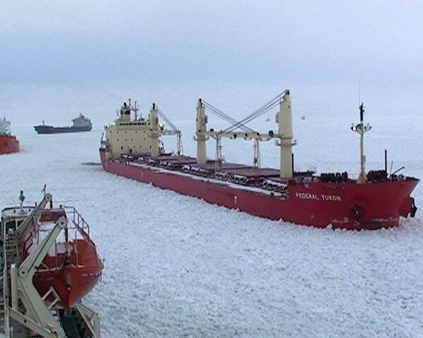 Russian icebreaker frees stranded ships - Sputnik International