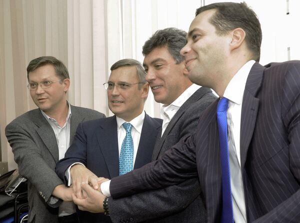 Opposition leaders Boris Nemtsov, Mikhail Kasyanov, Vladimir Ryzhkov and Vladimir Milov set up Parnas in 2010. - Sputnik International