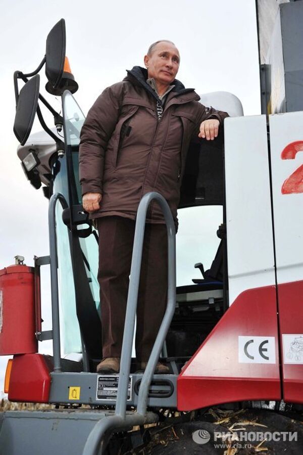 Medvedev, Putin take part in corn harvesting competition - Sputnik International