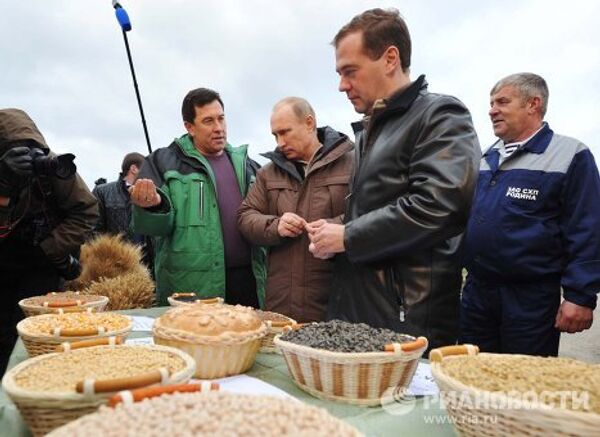 Medvedev, Putin take part in corn harvesting competition - Sputnik International
