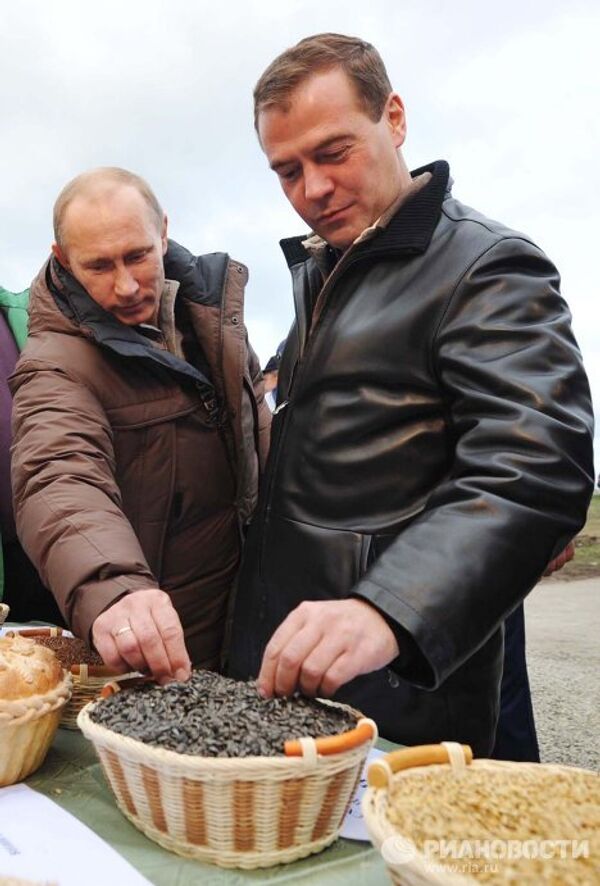 Medvedev, Putin take part in corn harvesting competition - Sputnik International