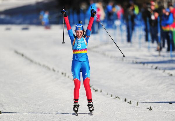 Uliana Kaysheva brought Russia its first gold at the 2012 Youth Winter Olympic Games in Austria’s Innsbruck after finishing first on Monday in women’s biathlon 7.5 pursuit. - Sputnik International