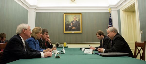 Russia’s Ambassador to the United States Sergey Kislyak, far right, met Wednesday with US Senators (from left) Roger Wicker of Mississippi, Mary Landrieu of Louisiana, Roy Blunt of Missouri and Jack Reed of Rhode Island. Russia’s Ambassador to the United States Sergey Kislyak, far right, met Wednesday with US Senators (from left) Roger Wicker of Mississippi, Mary Landrieu of Louisiana, Roy Blunt of Missouri and Jack Reed of Rhode Island. - Sputnik International
