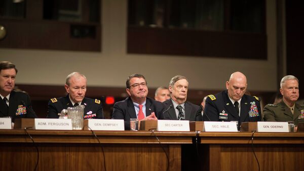 Vice Chief of Naval Operations ADM Mark Ferguson, Chairman of the Joint Chiefs of Staff Gen. Martin Dempsey, Deputy Defense Secretary Ashton Carter, Defense Undersecretary Robert Hale, Army Chief of Staff Gen. Raymond Odierno, and the Commandant of the Marine Corps Gen. James Amos testify before the Senate Armed Services Committee on the impacts of sequestration in Washington, February 12, 2013 - Sputnik International