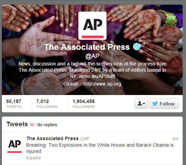 The Associated Press Twitter account was hacked with a message about explosions at the White House. - Sputnik International