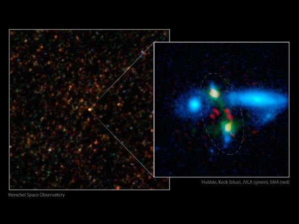 Galaxies collide to form a mega-galaxy seen as a bright spot on the left, and circled on right. - Sputnik International