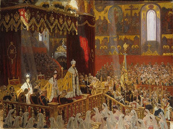This painting, among several others in this story, depicts the coronation of the last Russian tsar and tsaritsa. - Sputnik International