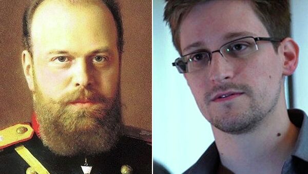 Russian Tsar Alexander III, left, whose government signed a controversial extradition treaty with America in the 19th century; US fugitive Edward Snowden is pictured on the right. - Sputnik International