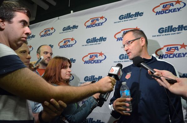 US men’s Olympic ice hockey coach Dan Bylsma speaks to reporters at the launch in Arlington, Va. of the 2014 Olympic jersey. - Sputnik International