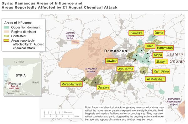 A map released by the US government to go with its intelligence report of the Syrian government’s use of chemical weapons in an attack last week - Sputnik International