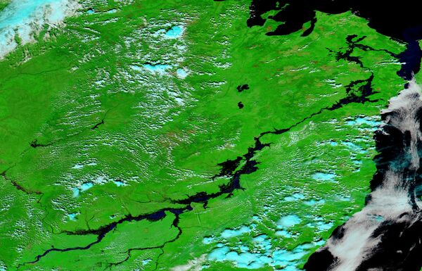 NASA Aqua MODIS false-color image of the swollen Amur River near Komsomolsk-on-Amur on September 8, 2013, days before the flood reached its peak - Sputnik International