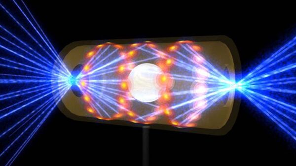 An artist’s rendition of lasers being shot into a capsule to create nuclear fusion, which is often referred to as the “holy grail” of energy production. - Sputnik International