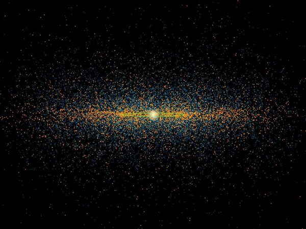 The population of near-Earth objects (blue dots) and potentially dangerous (orange) asteroids, according to WISE. - Sputnik International