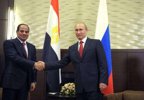 President Vladimir Putin (right) meting with his Egyptian counterpart Abdel Fattah al-Sisi at the Bocharov Ruchei in Sochi - Sputnik International