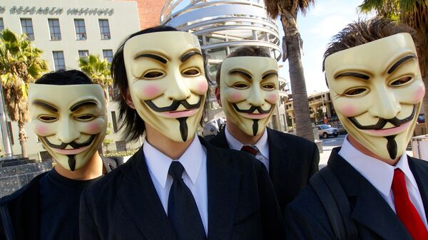 Anonymous with Guy Fawkes masks at the Scientology area in Los Angeles - Sputnik International