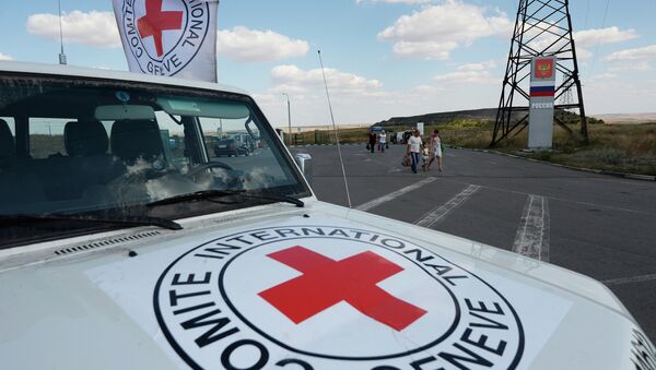 ICRC car which escorted Russian convoy of trucks with humanitarian aid for residents of south-eastern Ukraine at checkpoint Donetsk - Sputnik International