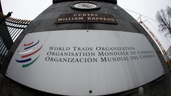 World Trade Organization (WTO) logo at the entrance of the WTO headquarters in Geneva. - Sputnik International