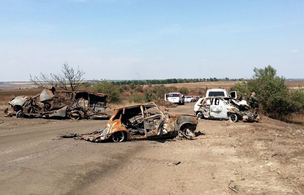 Burned out cars at the death site of  Rossiya Segodnya photojournalist Andrei Stenin, who was killed near Donetsk. - Sputnik International