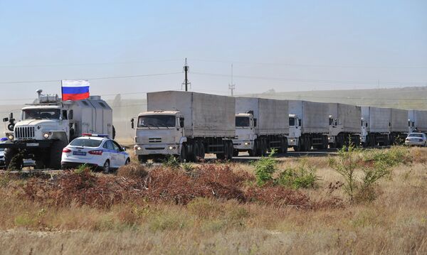 The unloading of the first truck of the Russian humanitarian convoy has started in Donetsk - Sputnik International
