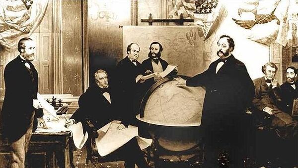 The signing of the Alaska Treaty of Cessation on March 30, 1867. L-R: Robert S. Chew, William H. Seward, William Hunter, Mr. Bodisco, Eduard de Stoeckl, Charles Sumner and Frederick W. Seward. - Sputnik International