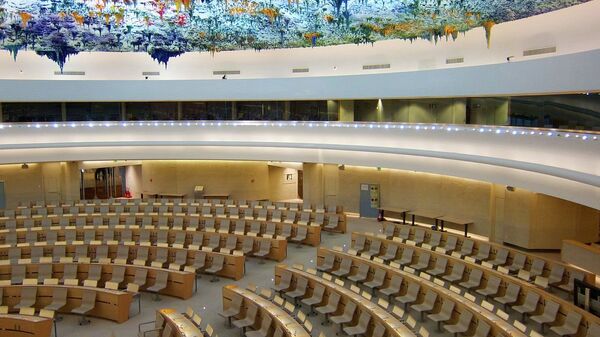 The Human Rights and Alliance of Civilizations Room, used by the United Nations Human Rights Council, in the Palace of Nations (Geneva). - Sputnik International